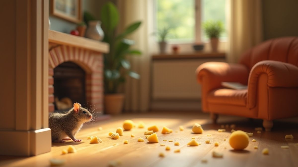Ein gemütliches Wohnzimmer mit Käse, der auf dem Boden verstreut ist, und einer schelmischen Maus, die aus einem Loch in der Wand lugt.
